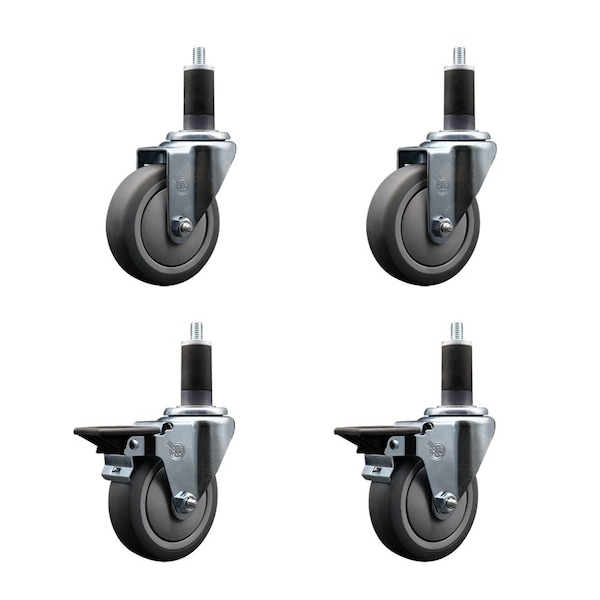 4'' Thermoplastic Rubber Wheel Swivel 1-1/4'' Expanding Stem Caster Set 2 Brakes, 4PK